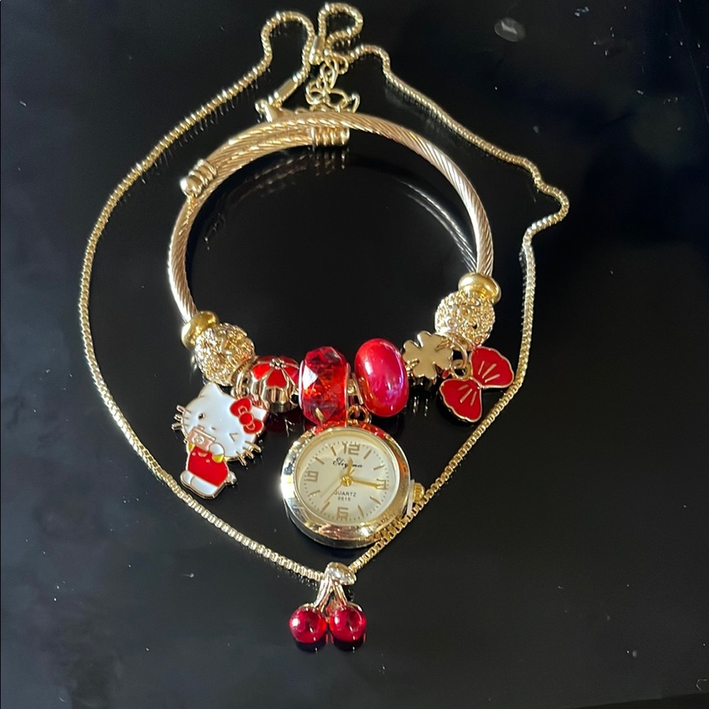 Hello Kitty Red and Gold Charm Bracelet with Watch